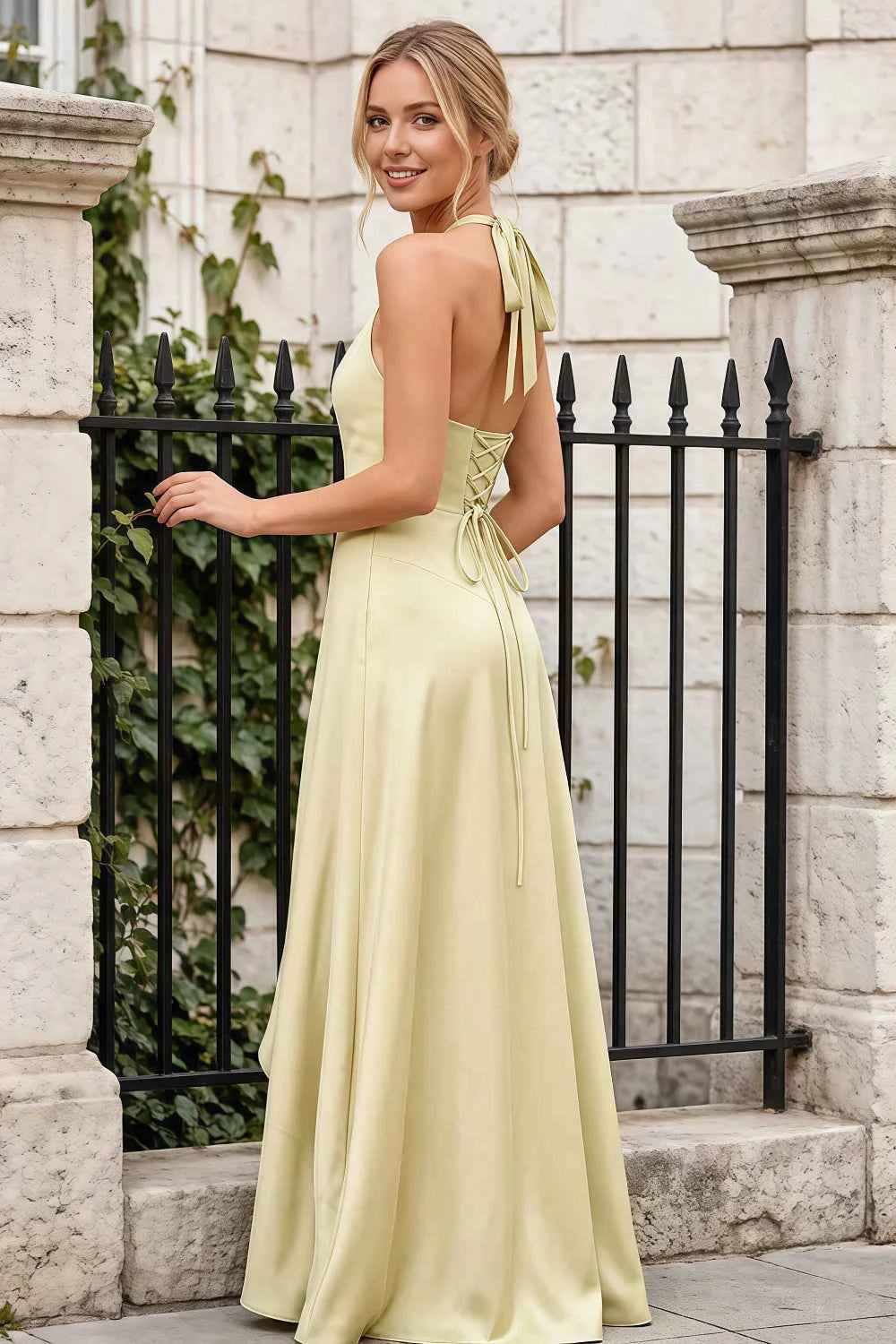 Jessica Yellow Satin Asymmetrical Halter Neck Maxi Dress