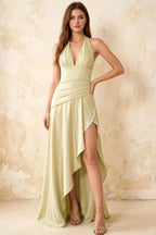 Jessica Yellow Satin Asymmetrical Halter Neck Maxi Dress
