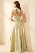 Jessica Yellow Satin Asymmetrical Halter Neck Maxi Dress