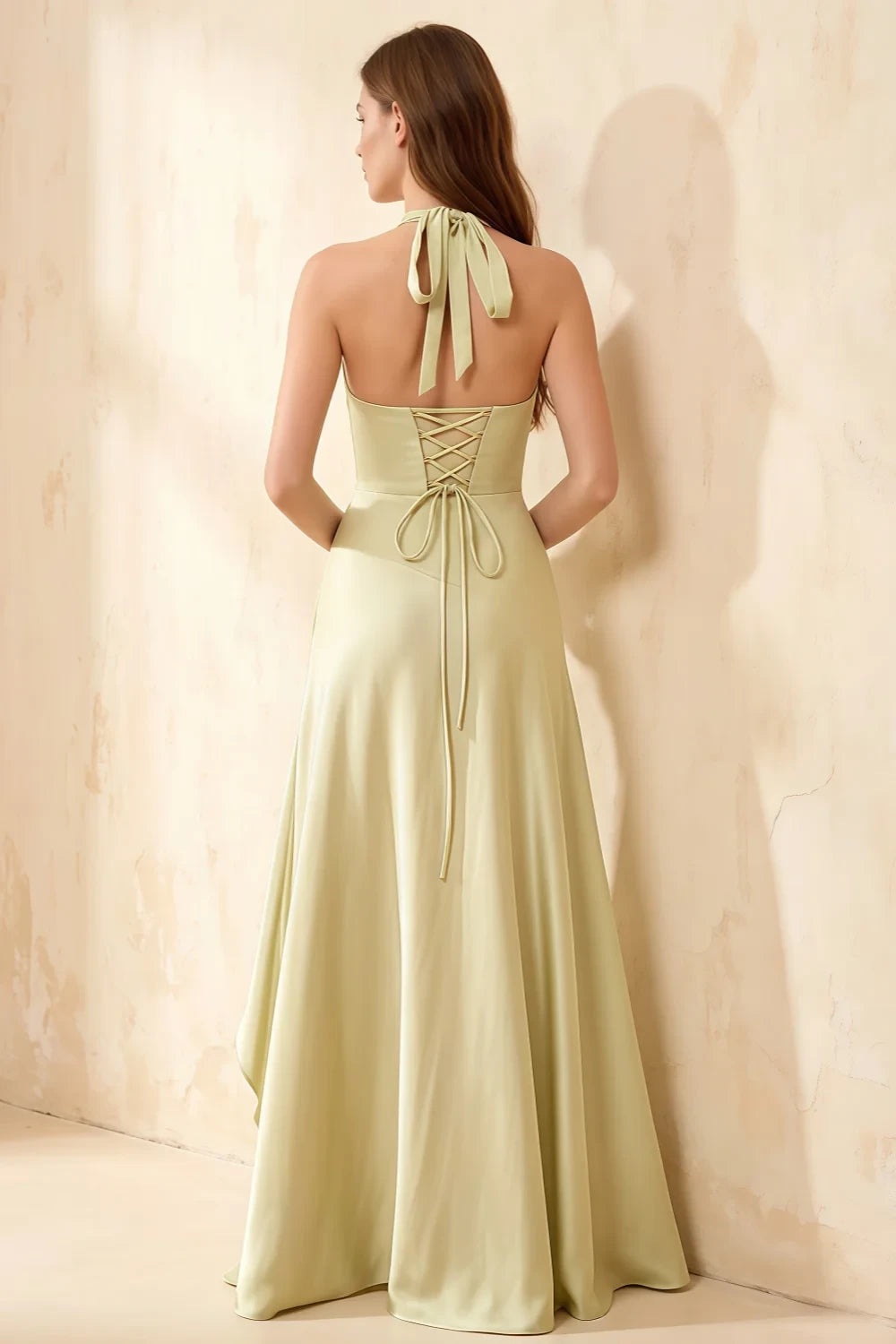 Jessica Yellow Satin Asymmetrical Halter Neck Maxi Dress