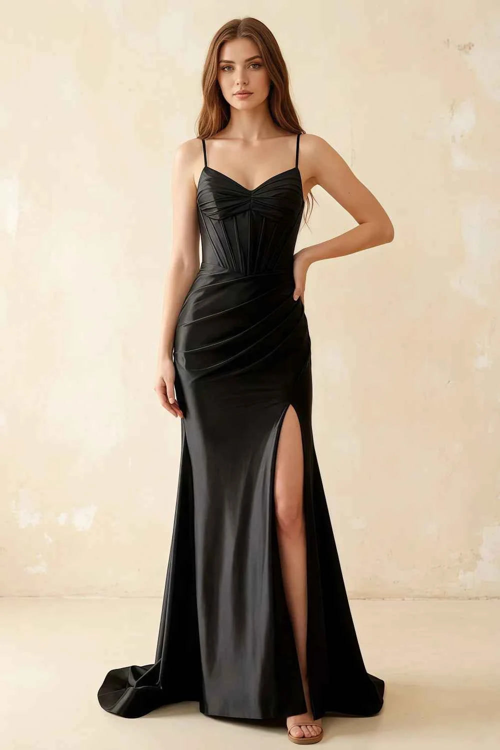 Jill Black Satin Ruched Lace-up Maxi Dress