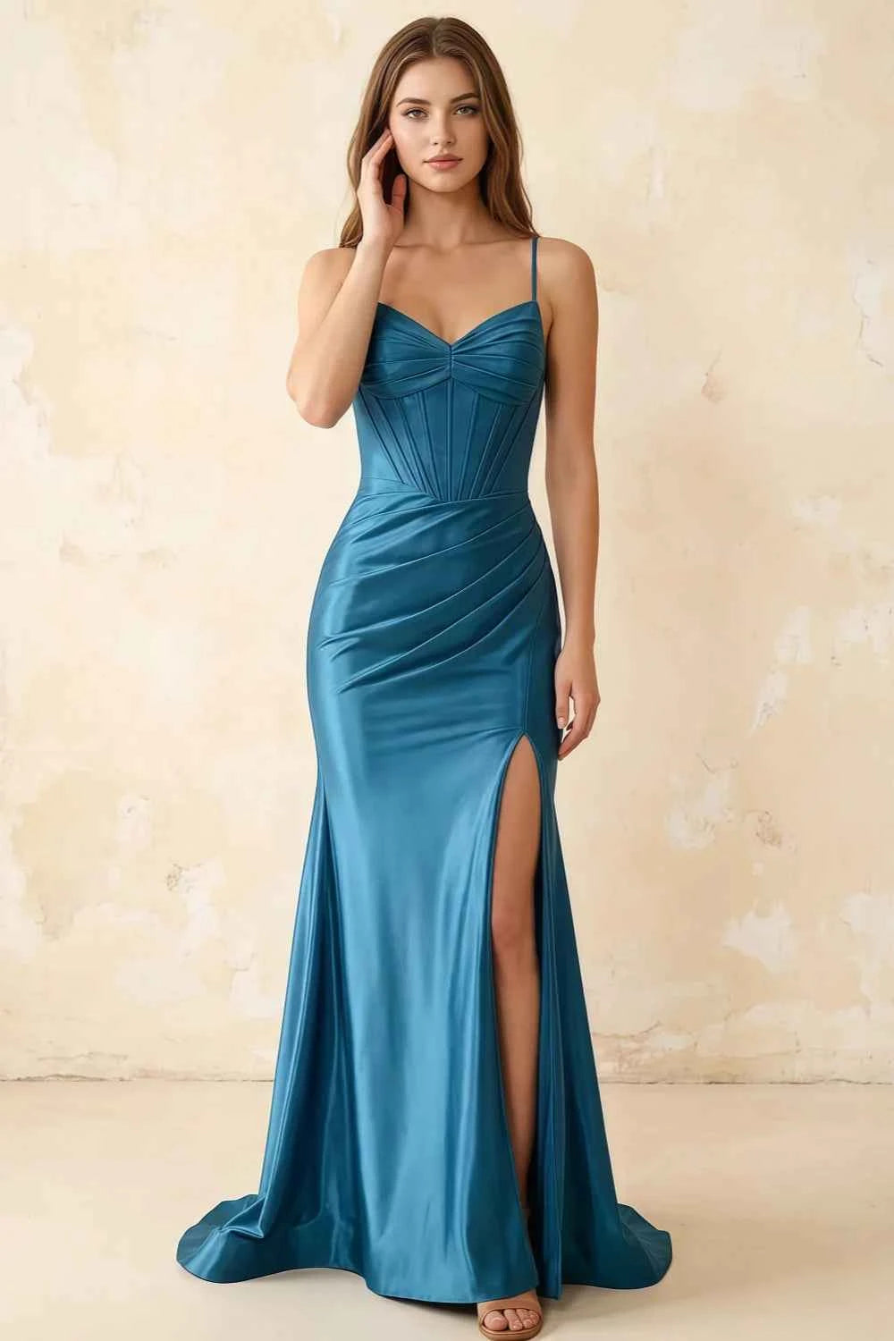 Jill Blue Satin Ruched Lace-up Maxi Dress Main image
