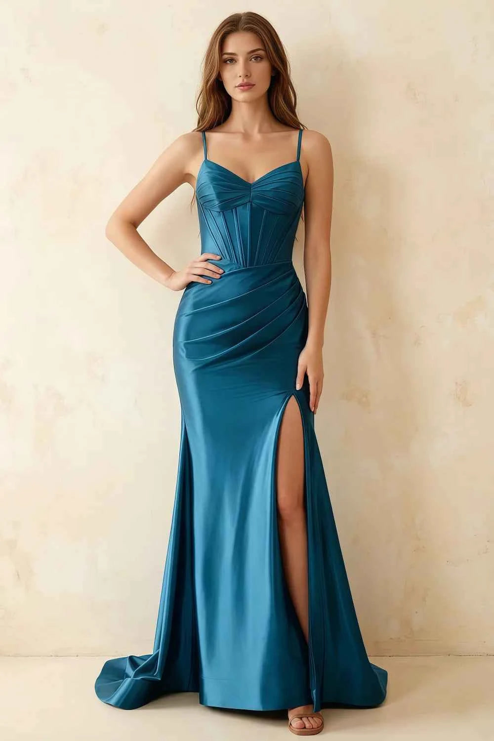 Jill Blue Satin Ruched Lace-up Maxi Dress
