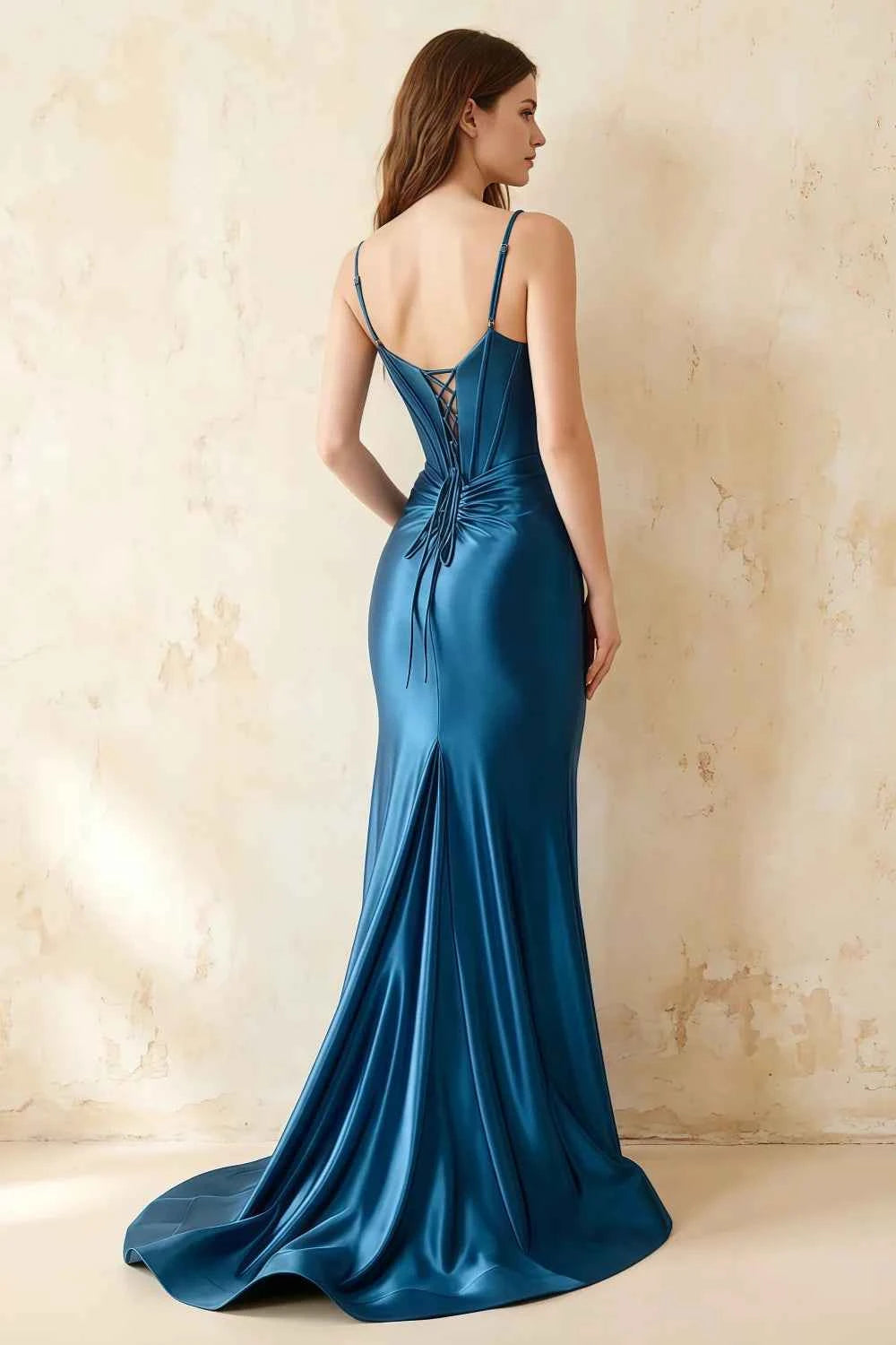 Jill Blue Satin Ruched Lace-up Maxi Dress