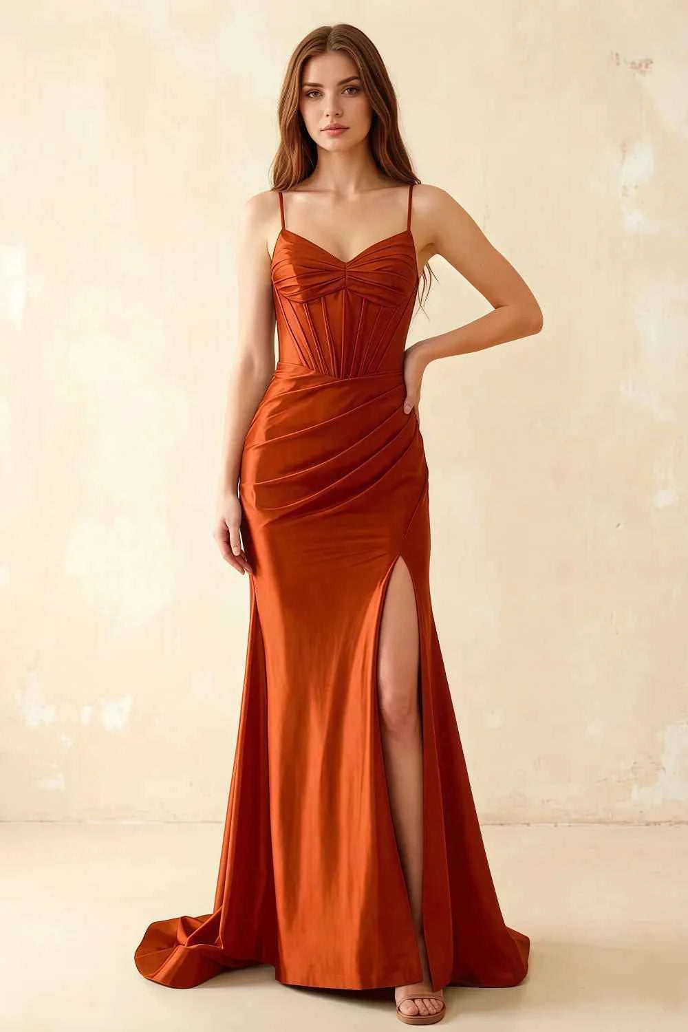 Jill Burnt Orange Satin Ruched Lace-up Maxi Dress