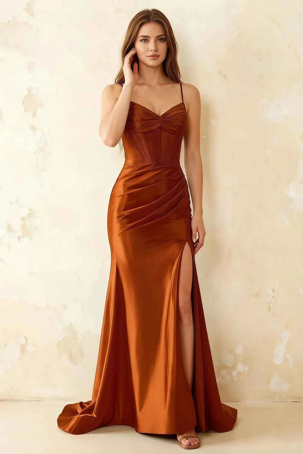 Jill Burnt Orange Satin Ruched Lace-up Maxi Dress