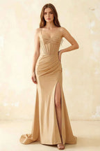 Jill Champagne Satin Ruched Lace-up Maxi Dress