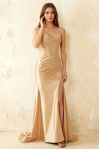 Jill Champagne Satin Ruched Lace-up Maxi Dress