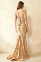 Jill Champagne Satin Ruched Lace-up Maxi Dress
