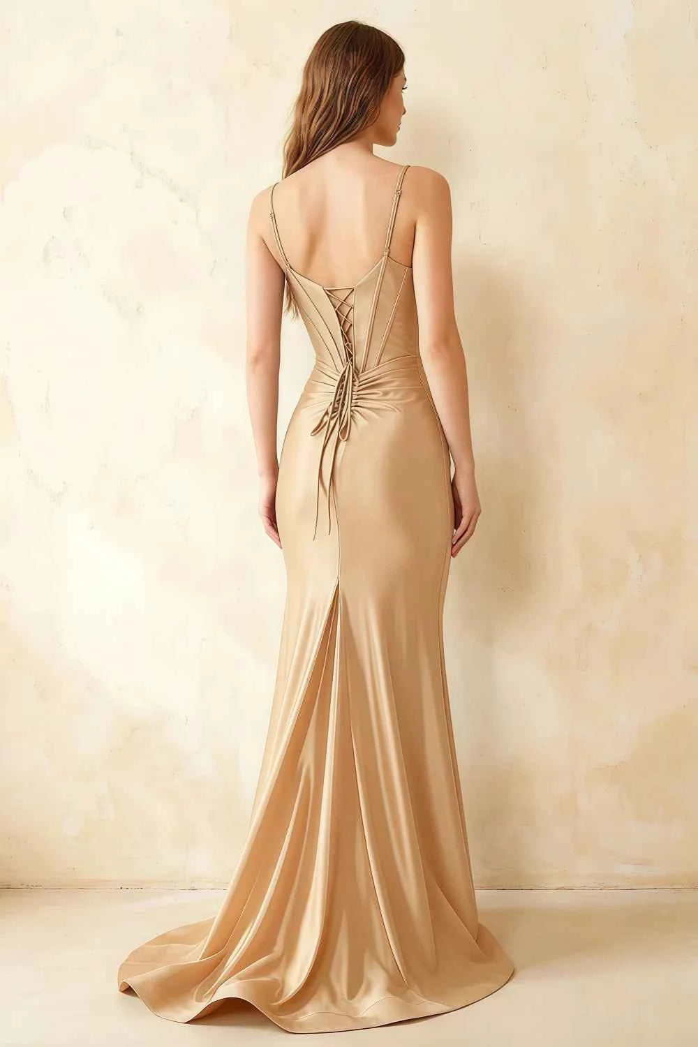 Jill Champagne Satin Ruched Lace-up Maxi Dress
