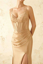 Jill Champagne Satin Ruched Lace-up Maxi Dress
