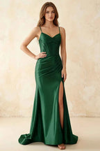 Jill Dark Green Satin Ruched Lace-up Maxi Dress