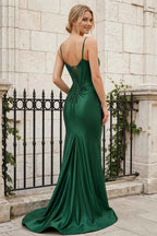 Jill Dark Green Satin Ruched Lace-up Maxi Dress