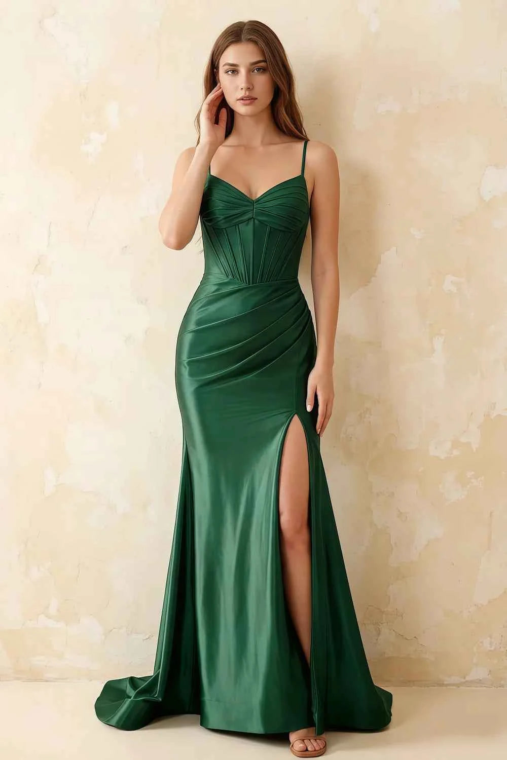 Jill Dark Green Satin Ruched Lace-up Maxi Dress
