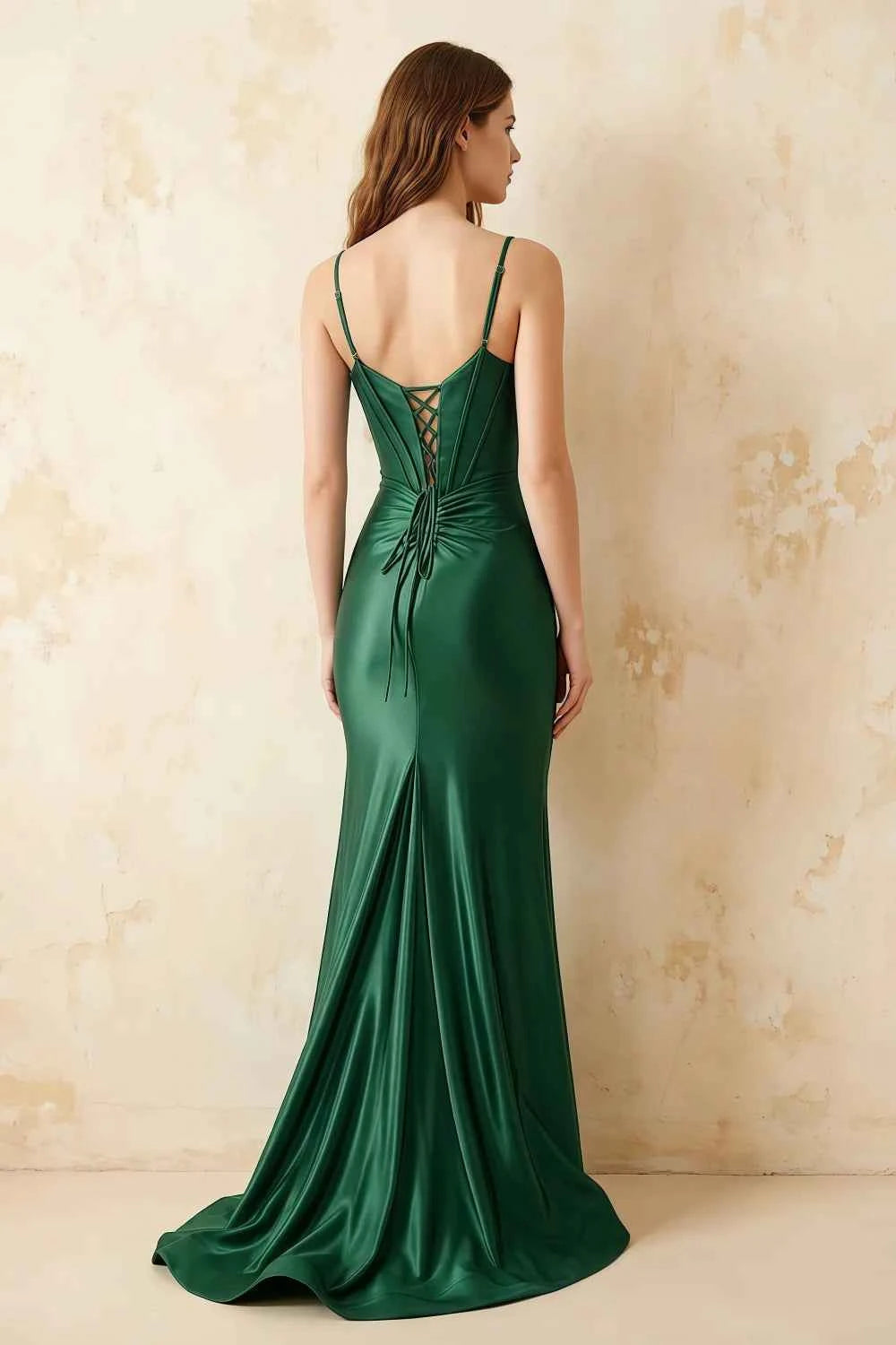 Jill Dark Green Satin Ruched Lace-up Maxi Dress