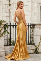 Jill Golden Satin Ruched Lace-up Maxi Dress