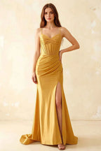 Jill Golden Satin Ruched Lace-up Maxi Dress