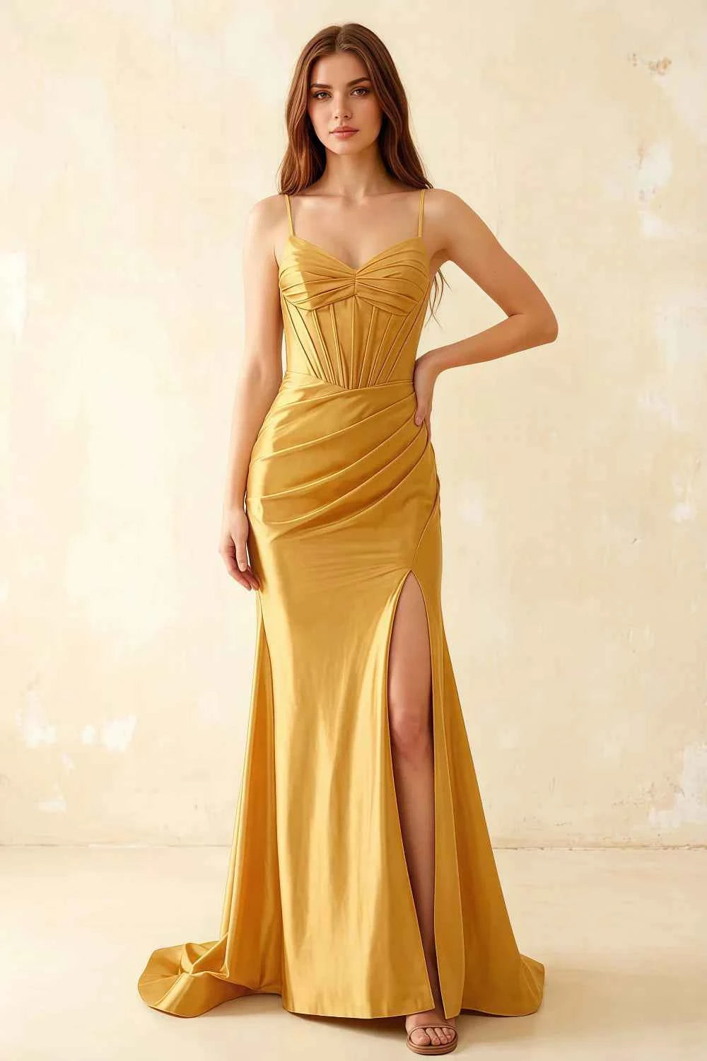 Jill Golden Satin Ruched Lace-up Maxi Dress