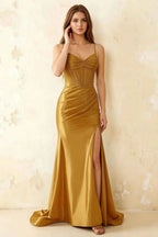 Jill Golden Satin Ruched Lace-up Maxi Dress