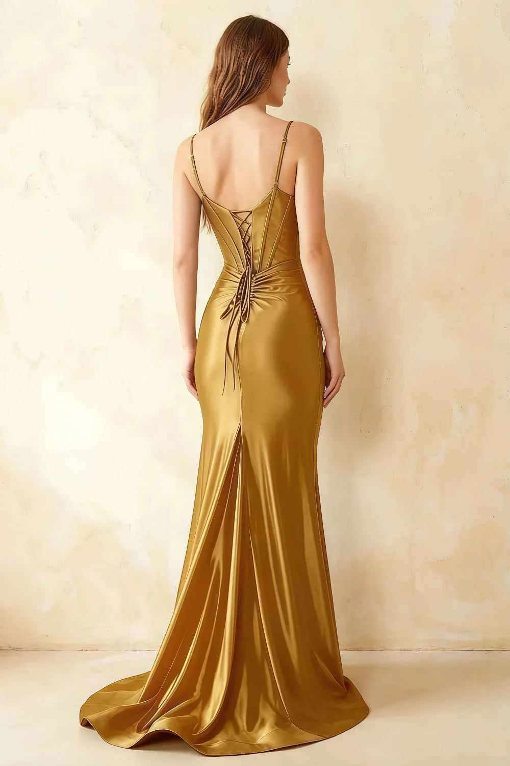 Jill Golden Satin Ruched Lace-up Maxi Dress