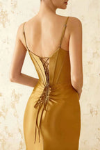 Jill Golden Satin Ruched Lace-up Maxi Dress