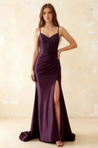 Jill Grape Satin Ruched Lace-up Maxi Dress