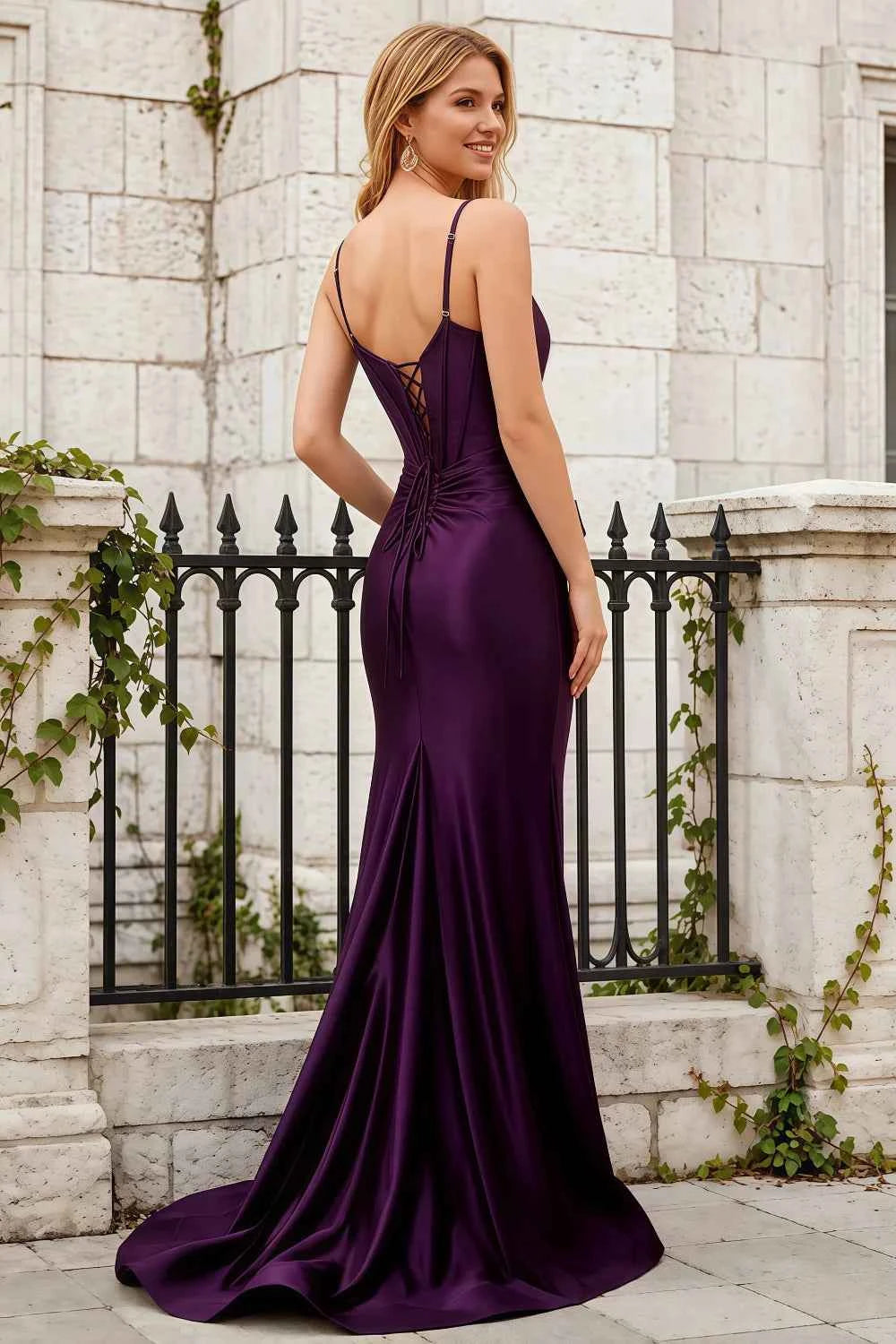Jill Grape Satin Ruched Lace-up Maxi Dress