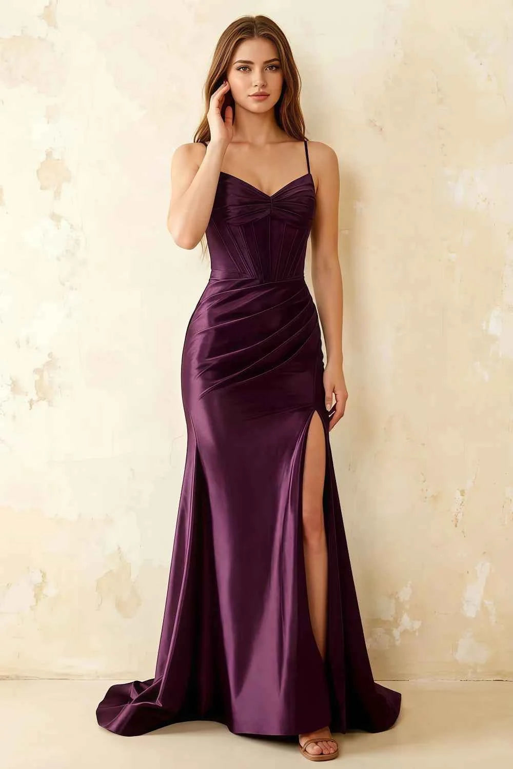 Jill Grape Satin Ruched Lace-up Maxi Dress