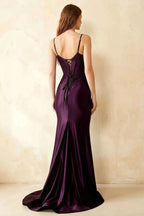 Jill Grape Satin Ruched Lace-up Maxi Dress
