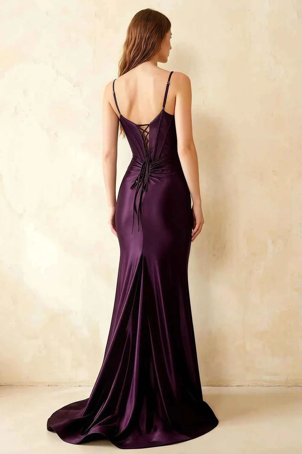 Jill Grape Satin Ruched Lace-up Maxi Dress