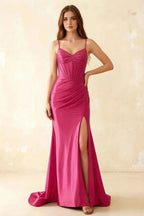 Jill Hot Pink Satin Ruched Lace-up Maxi Dress