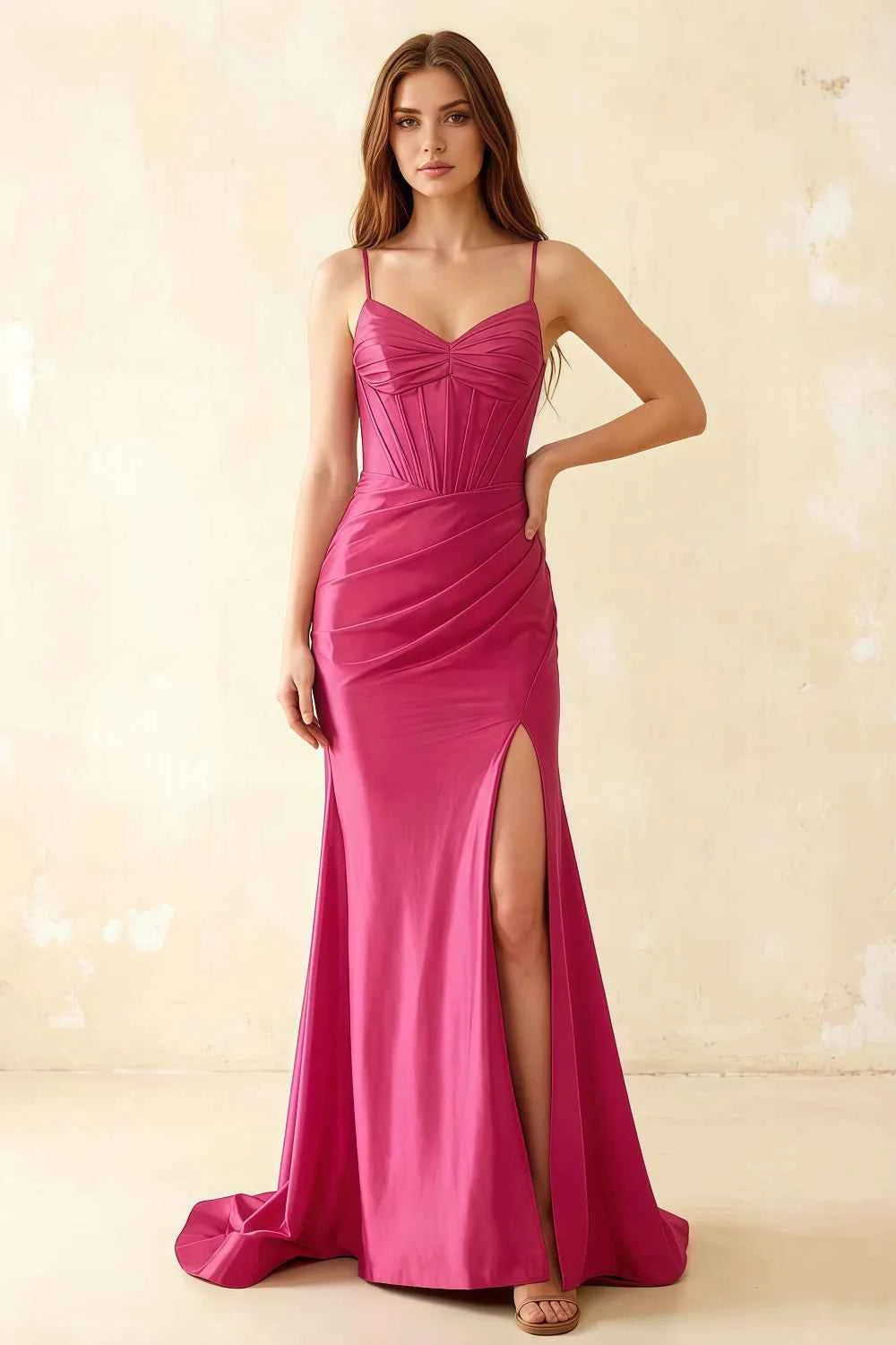 Jill Hot Pink Satin Ruched Lace-up Maxi Dress