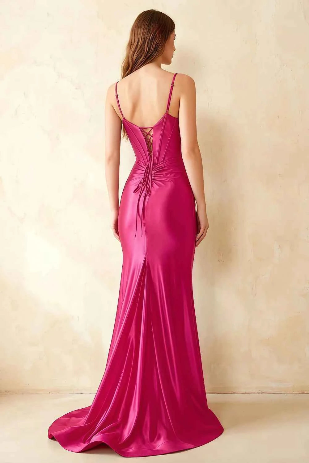 Jill Hot Pink Satin Ruched Lace-up Maxi Dress