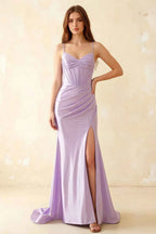 Jill Lavender Satin Ruched Lace-up Maxi Dress