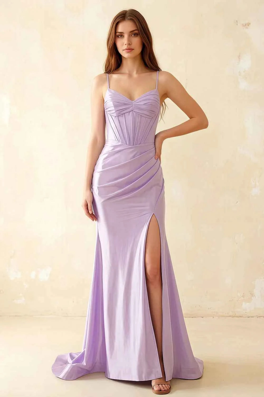 Jill Lavender Satin Ruched Lace-up Maxi Dress