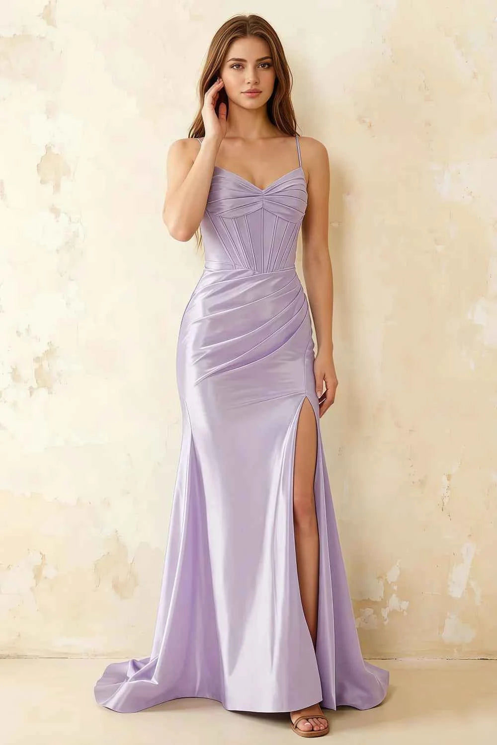 Jill Lavender Satin Ruched Lace-up Maxi Dress