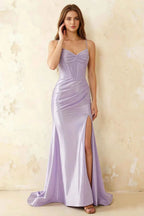 Jill Lavender Satin Ruched Lace-up Maxi Dress