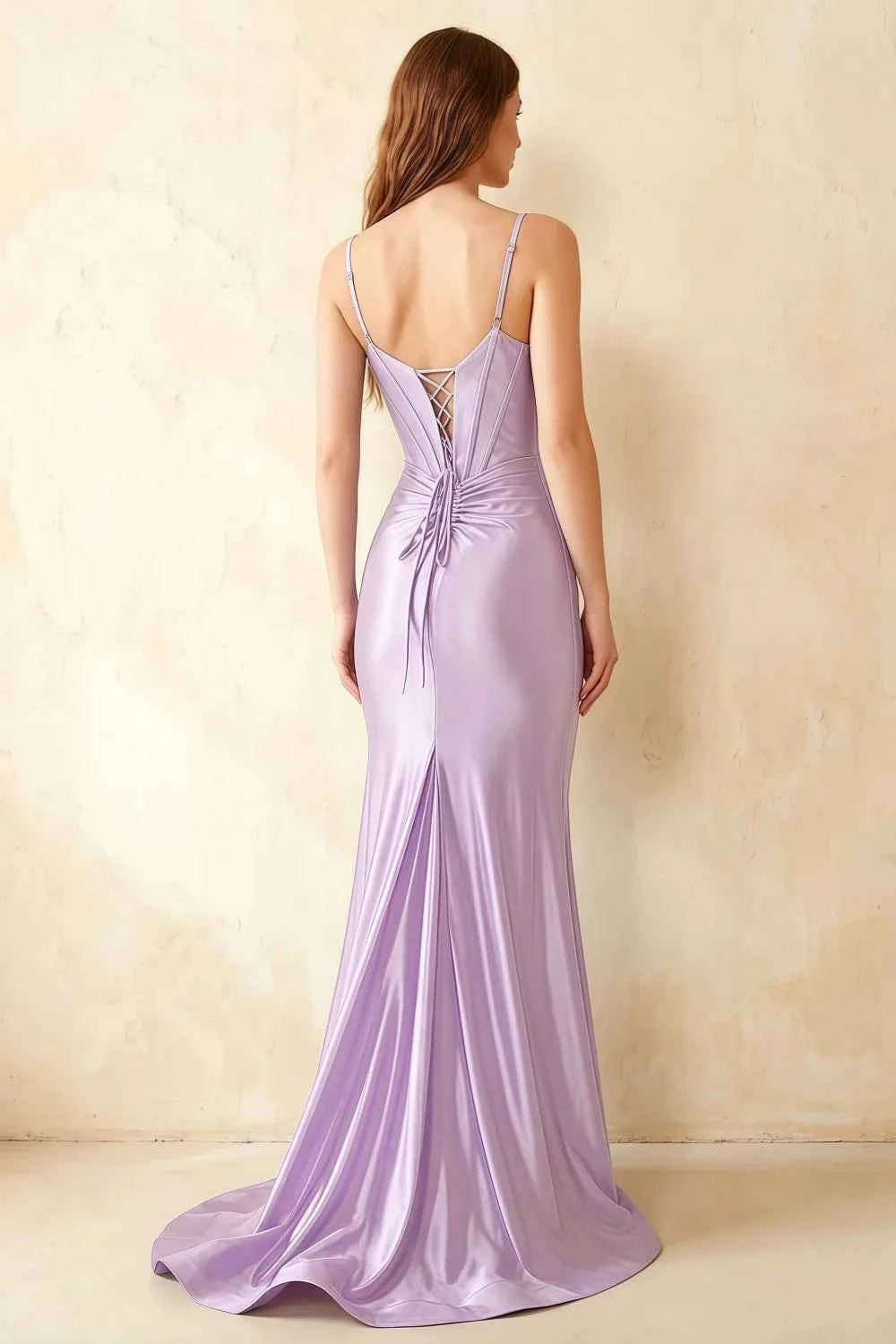 Jill Lavender Satin Ruched Lace-up Maxi Dress