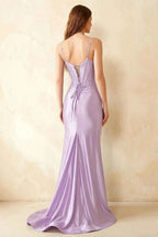 Jill Lavender Satin Ruched Lace-up Maxi Dress