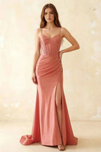 Jill Light Pink Satin Ruched Lace-up Maxi Dress