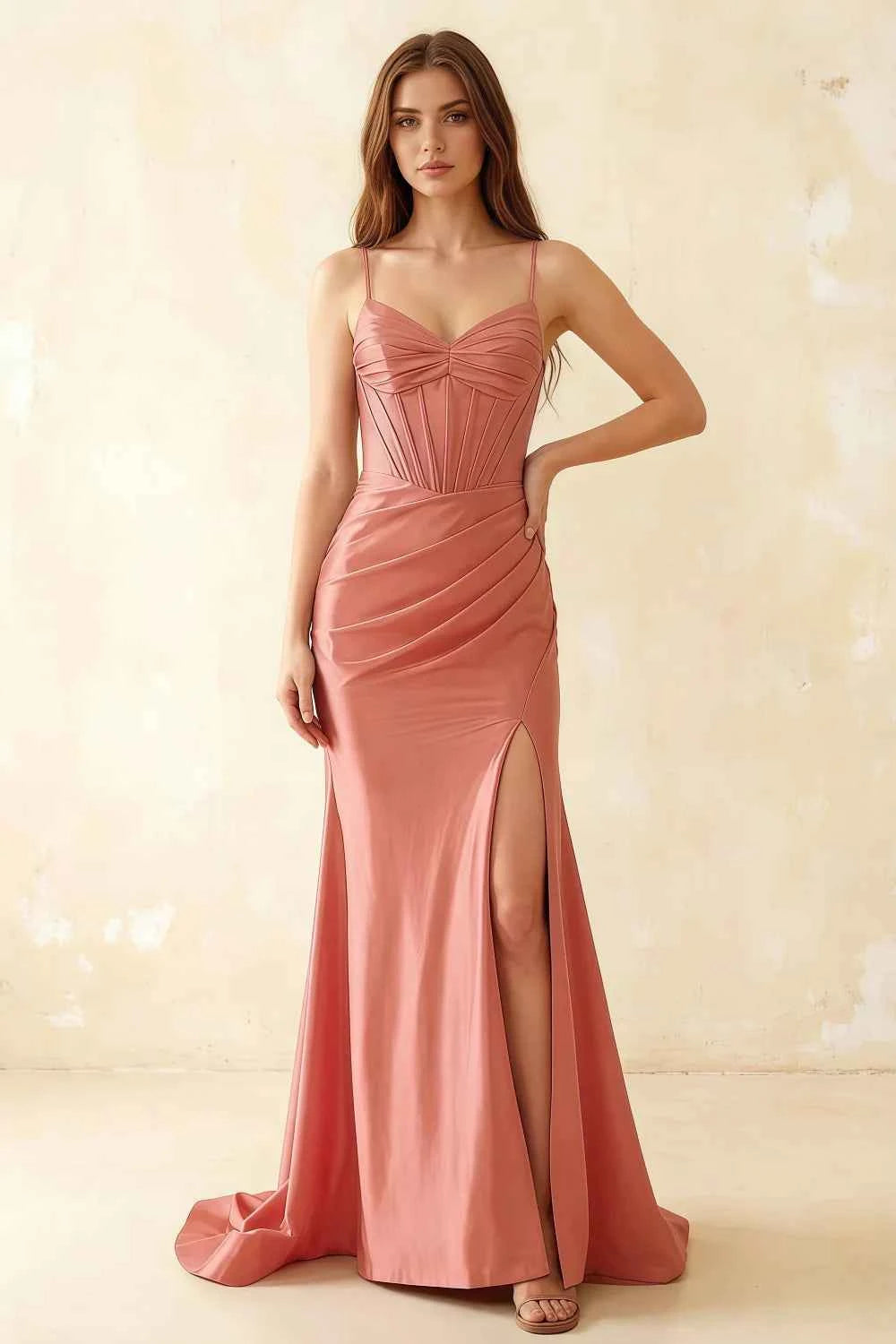 Jill Light Pink Satin Ruched Lace-up Maxi Dress
