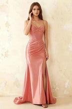 Jill Light Pink Satin Ruched Lace-up Maxi Dress