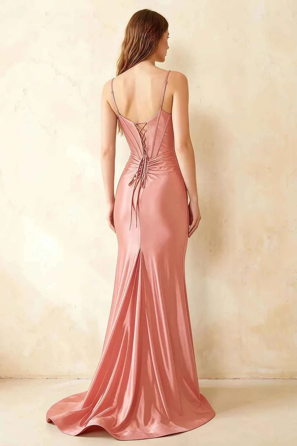 Jill Light Pink Satin Ruched Lace-up Maxi Dress