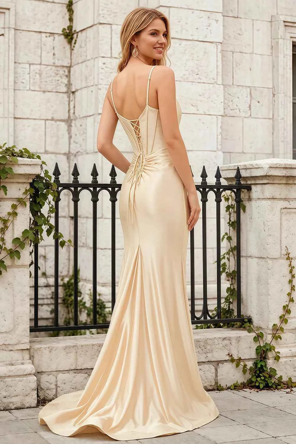 Jill Light Yellow Satin Ruched Lace-up Maxi Dress