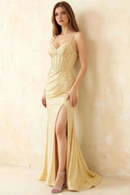 Jill Light Yellow Satin Ruched Lace-up Maxi Dress