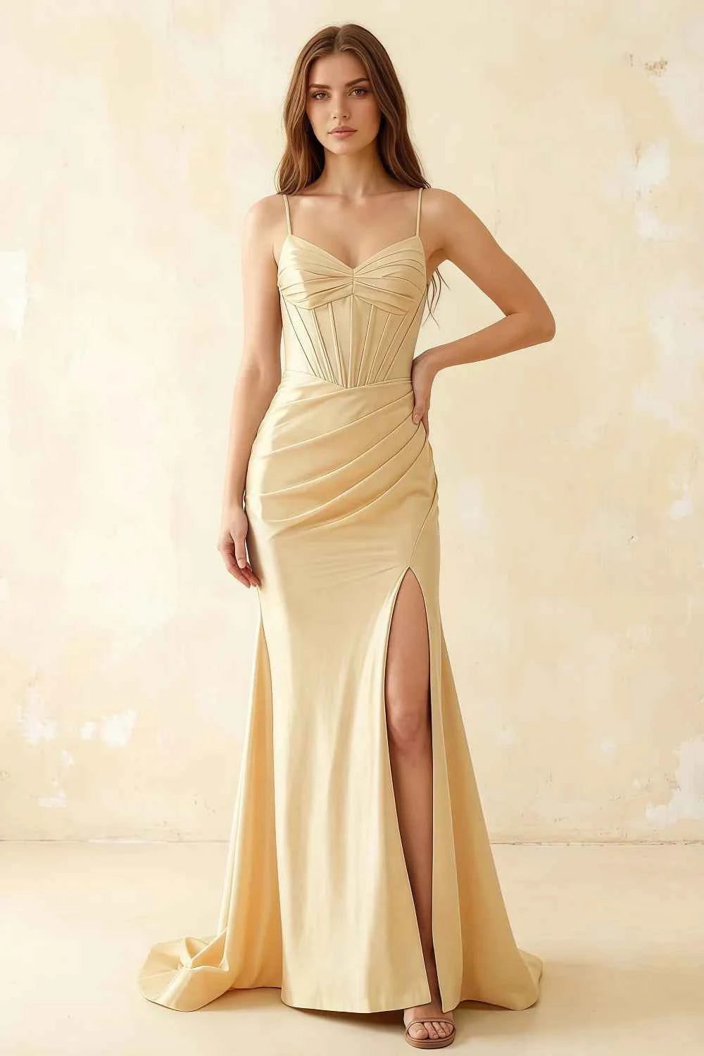 Jill Light Yellow Satin Ruched Lace-up Maxi Dress