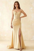 Jill Light Yellow Satin Ruched Lace-up Maxi Dress