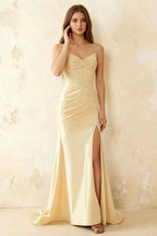 Jill Light Yellow Satin Ruched Lace-up Maxi Dress