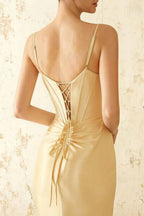 Jill Light Yellow Satin Ruched Lace-up Maxi Dress