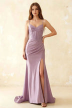 Jill Lilac Satin Ruched Lace-up Maxi Dress